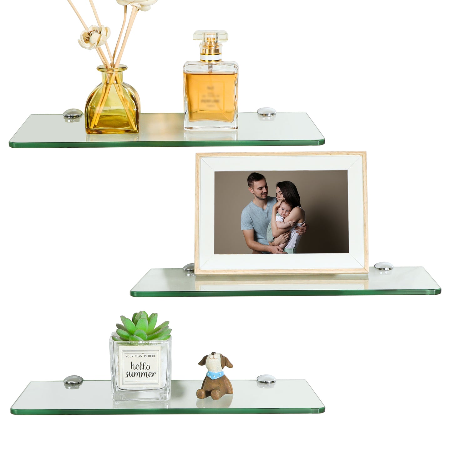 SAYAYO Glass Floating Shelves Set of 2, 6MM Tempered Transparent Bathroom Shelf Wall Mounted with Chromed Shelf Brackets for Home Kitchen Bedroom Decor 30CM/12 Inch