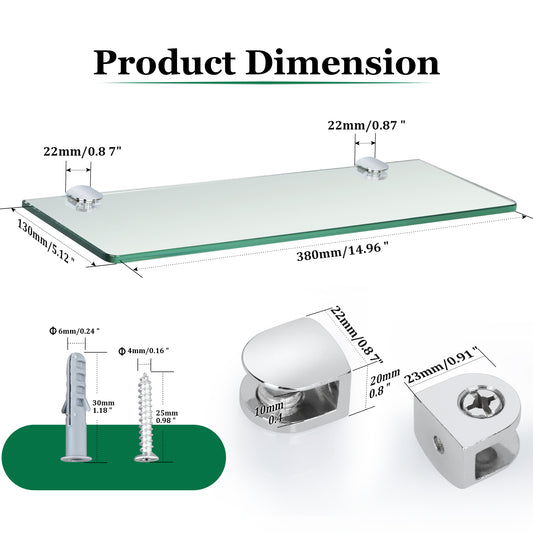 SAYAYO Glass Floating Shelves Set of 2, 7MM Tempered Transparent Bathroom Shelf Wall Mounted with Chromed Shelf Brackets for Home Kitchen Bedroom Decor 38CM/15 Inch