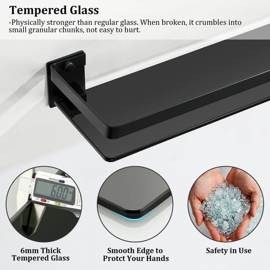 SAYAYO Bathroom Shelf Tempered Glass Shelf Wall Mounted, Black/ Brushed/ Gold Shower Storage with SUS304 Stainless Steel Rail, 38CM/ 50CM/ 60CM Length