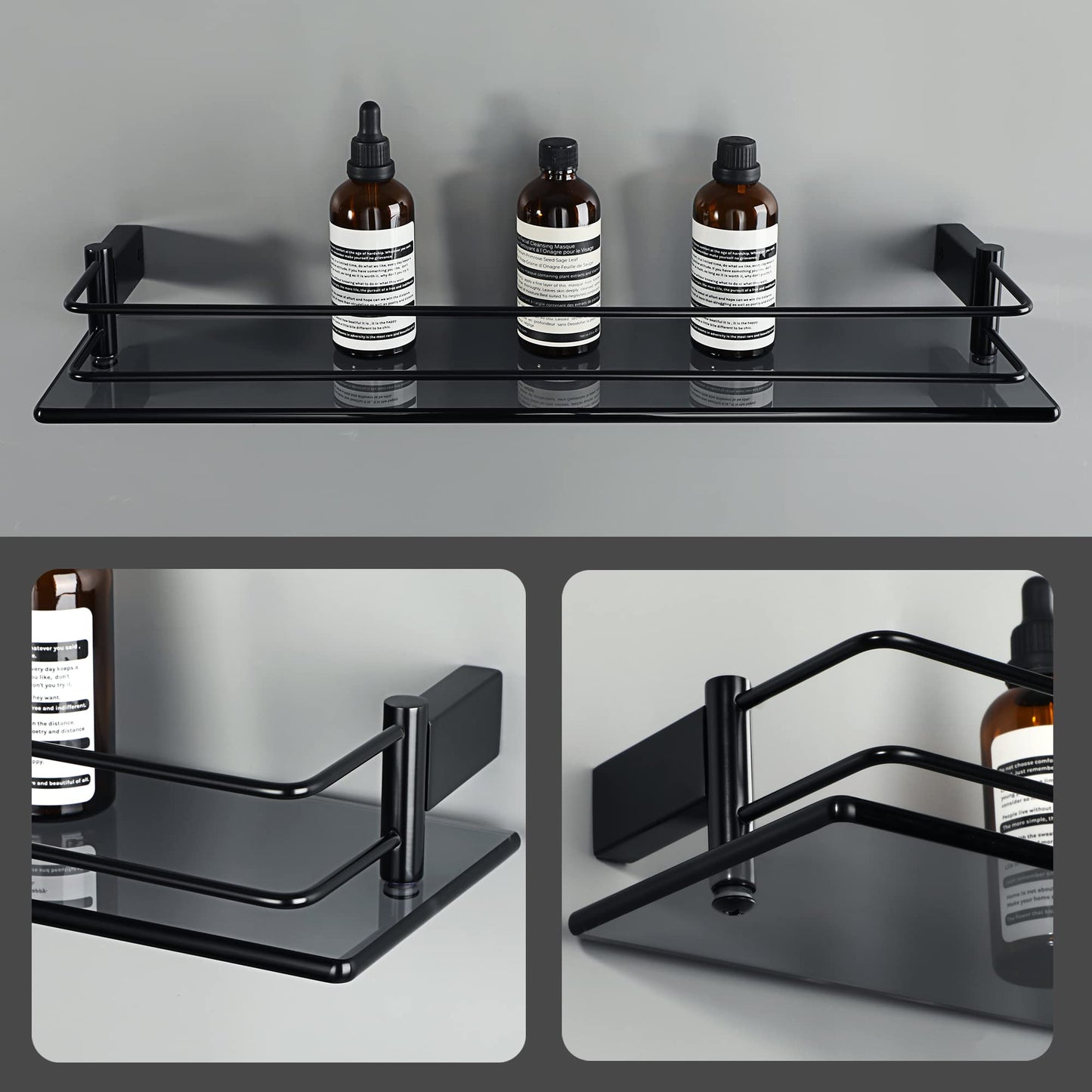 SAYAYO Bathroom Shelf Tempered Glass Shelf with Rail Wall Mounted Stainless Steel Chromed/ Black/ Brushed Finished, 40cm, 50cm, 60cm (16inch - 24inch)