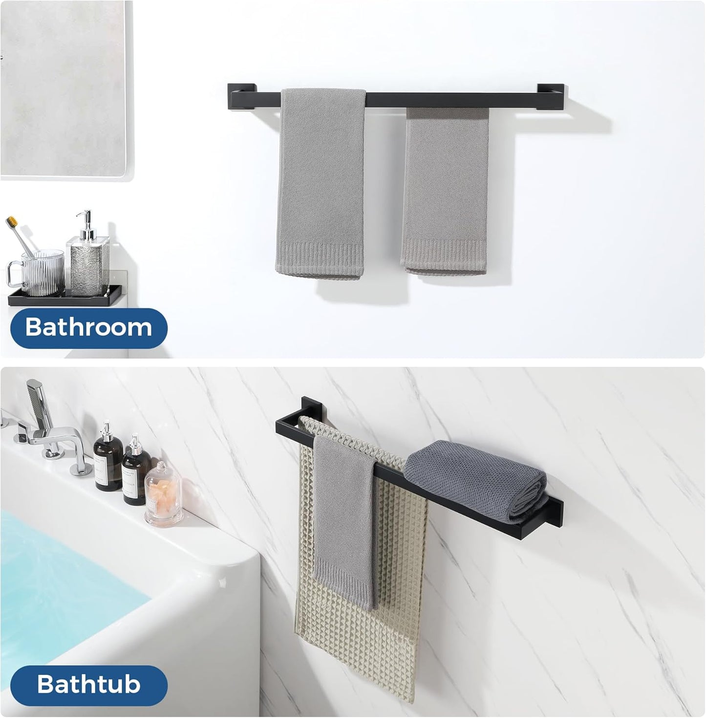 SAYAYO Double Towel Rail Wall Mounted Black Hand Towel Holder, 2-Tier Large Bath Towel Rack Heavy Duty for Bathroom Kitchen, 50CM, 60CM, 70CM