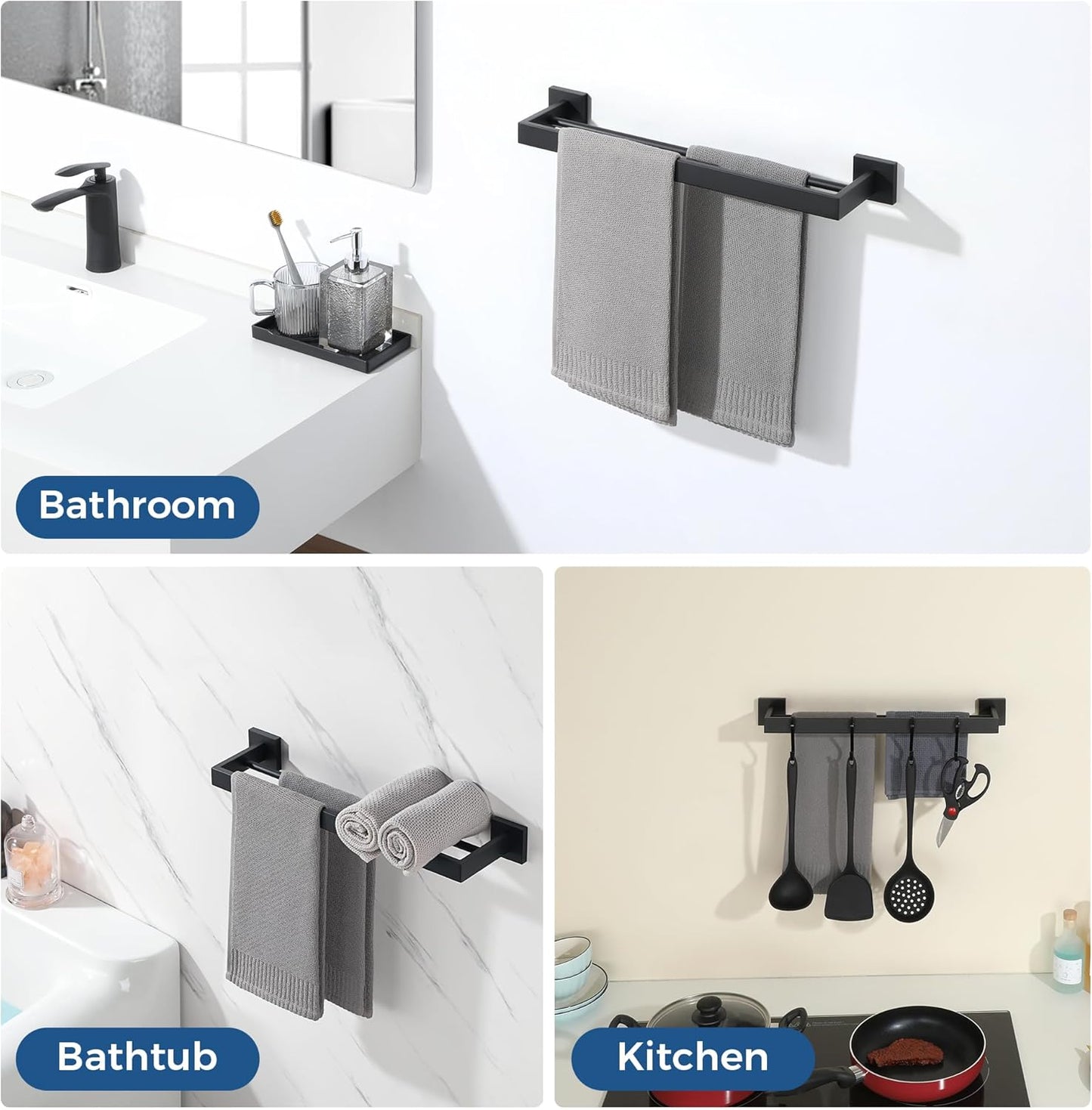 SAYAYO Double Towel Rail Wall Mounted Black Hand Towel Holder, 2-Tier Large Bath Towel Rack Heavy Duty for Bathroom Kitchen, 50CM, 60CM, 70CM
