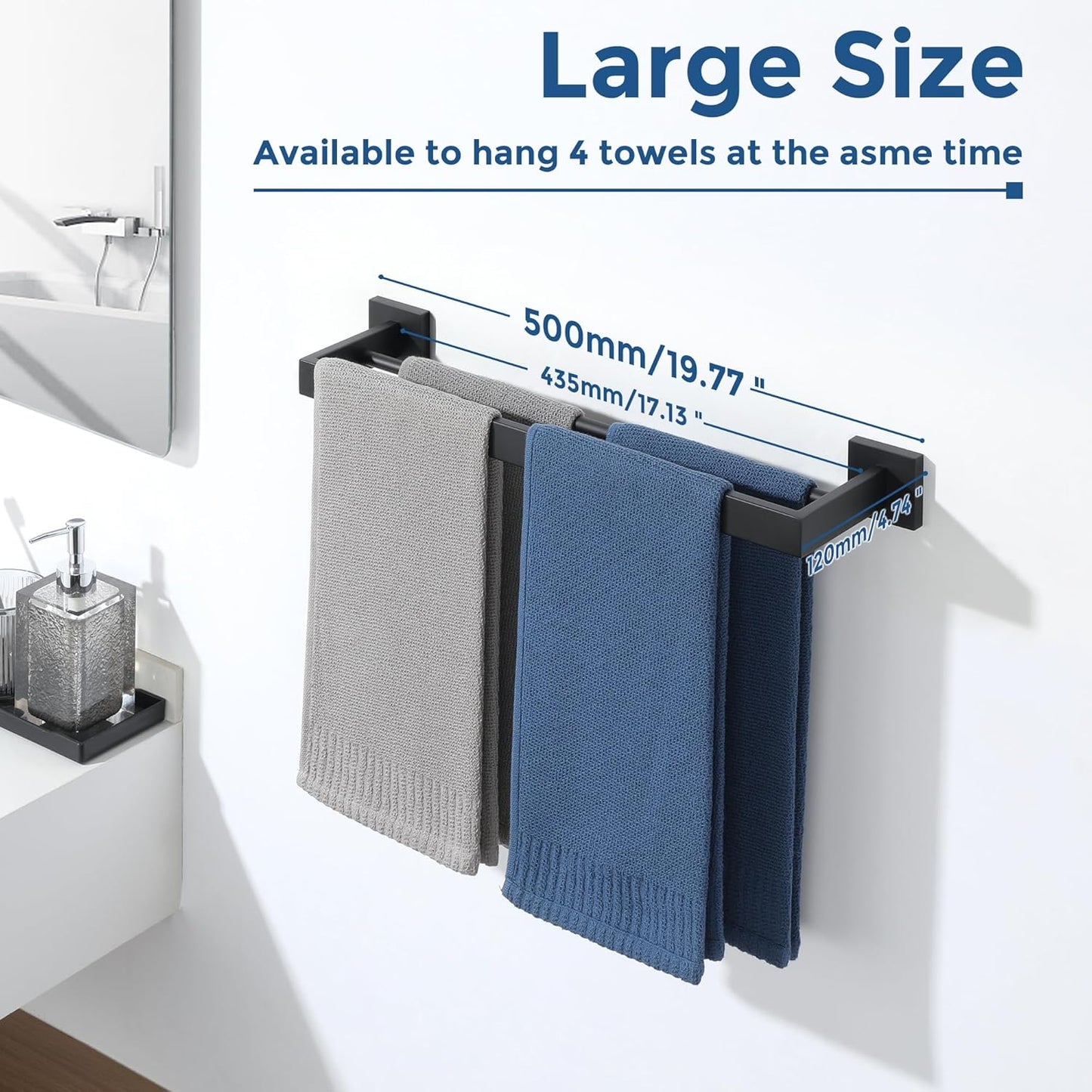 SAYAYO Double Towel Rail Wall Mounted Black Hand Towel Holder, 2-Tier Large Bath Towel Rack Heavy Duty for Bathroom Kitchen, 50CM, 60CM, 70CM