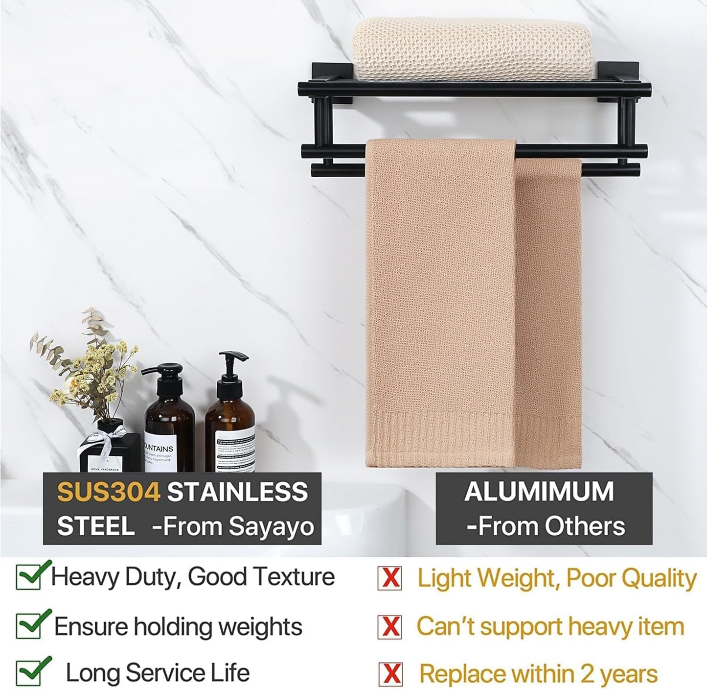 Sayayo Towel Rail Wall Mounted Bathroom Towel Shelf Towel Holder, SUS304 Stainless Steel Towel Rack 16 Inch 20 Inch 24 Inch 28 Inch