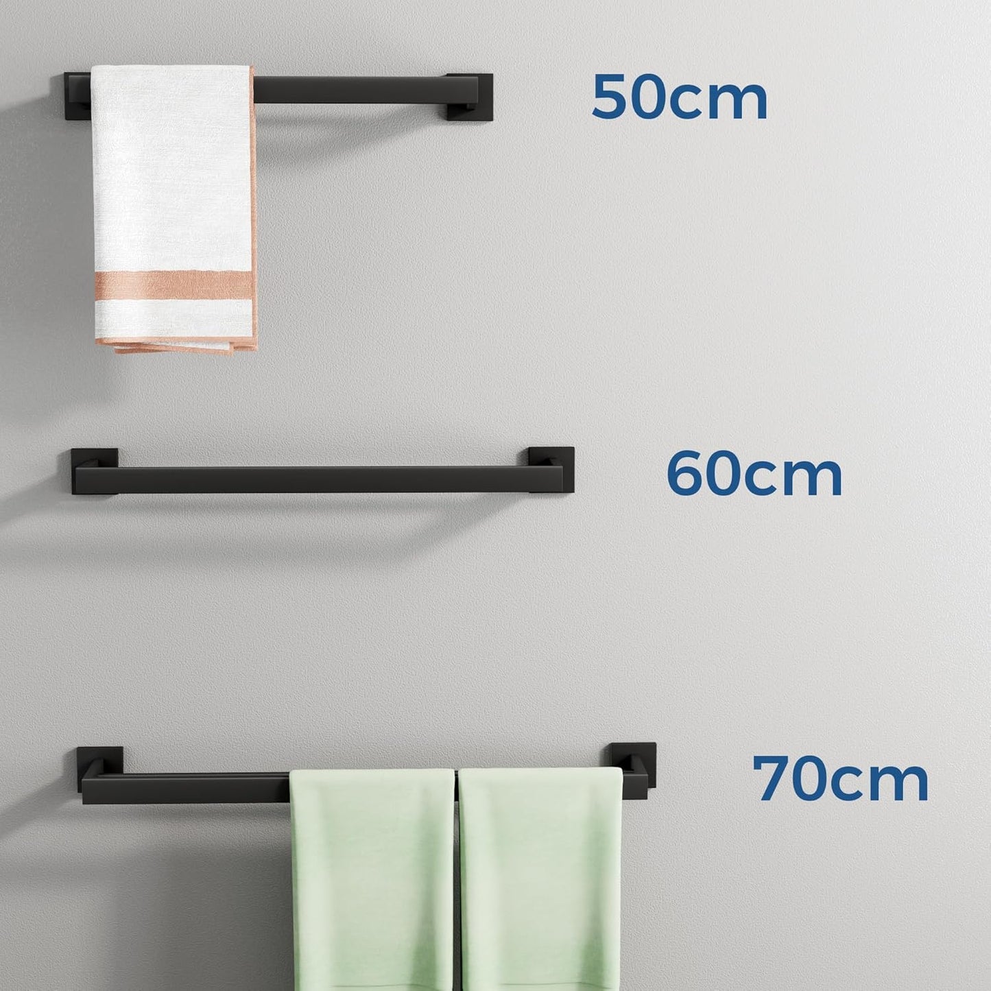 SAYAYO Double Towel Rail Wall Mounted Black Hand Towel Holder, 2-Tier Large Bath Towel Rack Heavy Duty for Bathroom Kitchen, 50CM, 60CM, 70CM