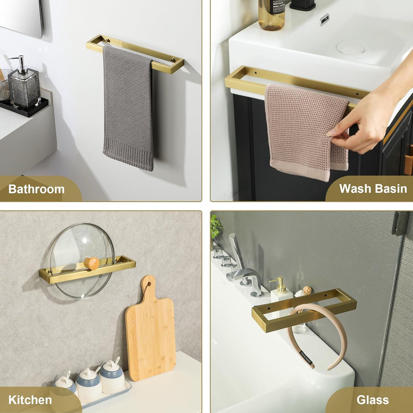 SAYAYO Hand Towel Holder Self Adhesive & Screw Small Towel Rail Wall Mounted Towel Ring SUS304 Stainless Steel No Drilling for Bathroom, 20CM - 70CM, Black, Brushed, White, Polished, Gold