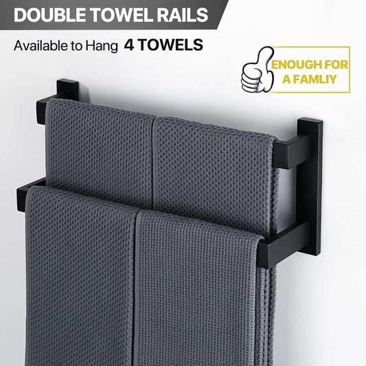 Sayayo Black Towel Rail Wall Mounted Double Bath Towel Holder for Bathroom Kitchen, 2-Tier Towels Rack SUS304 Stainless Steel, 16 INCH, 20 INCH, 24 INCH, 28 INCH