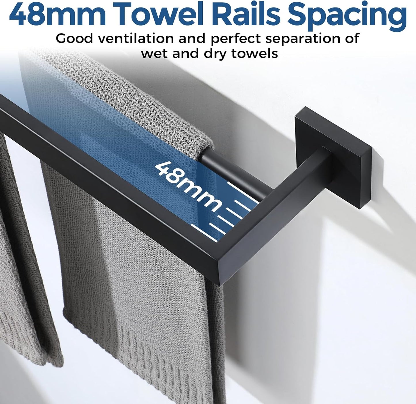 SAYAYO Double Towel Rail Wall Mounted Black Hand Towel Holder, 2-Tier Large Bath Towel Rack Heavy Duty for Bathroom Kitchen, 50CM, 60CM, 70CM