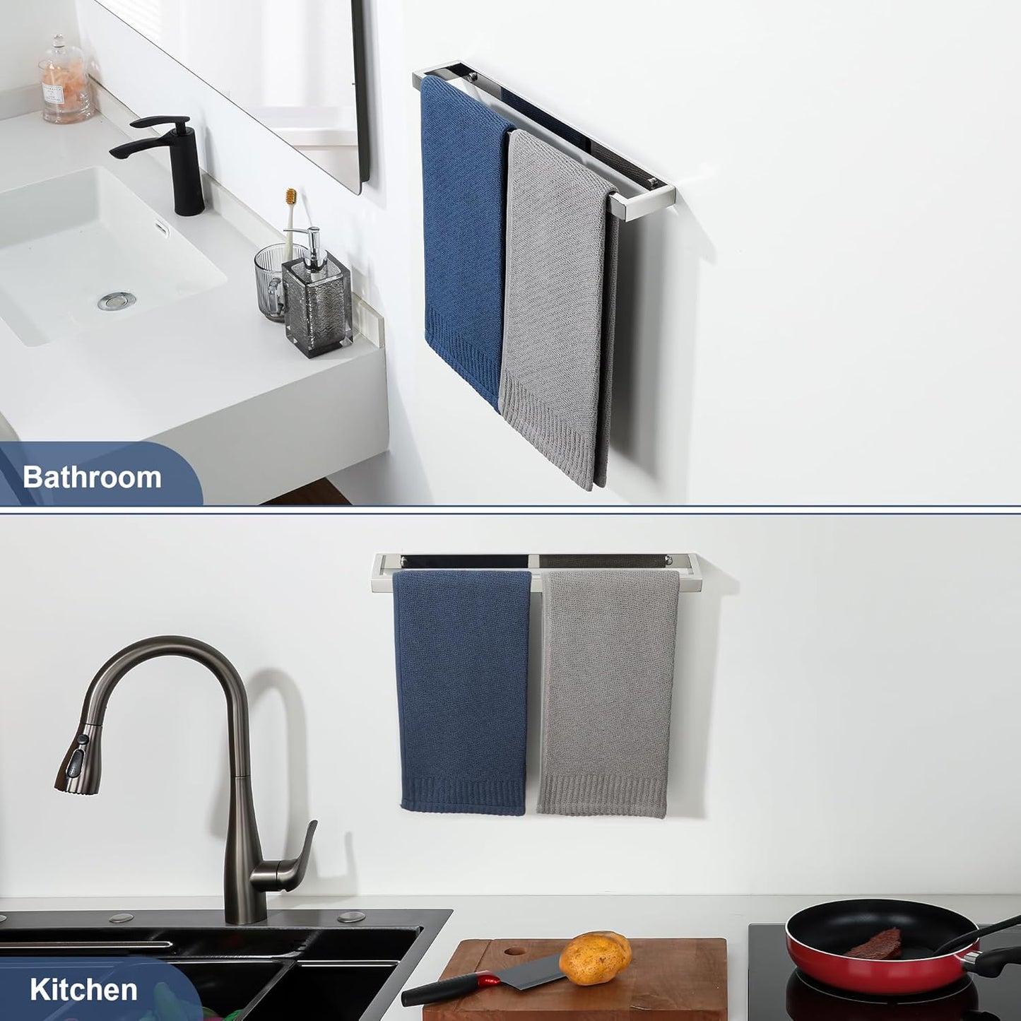 SAYAYO Hand Towel Holder Self Adhesive & Screw Small Towel Rail Wall Mounted Towel Ring SUS304 Stainless Steel No Drilling for Bathroom, 20CM - 70CM, Black, Brushed, White, Polished, Gold