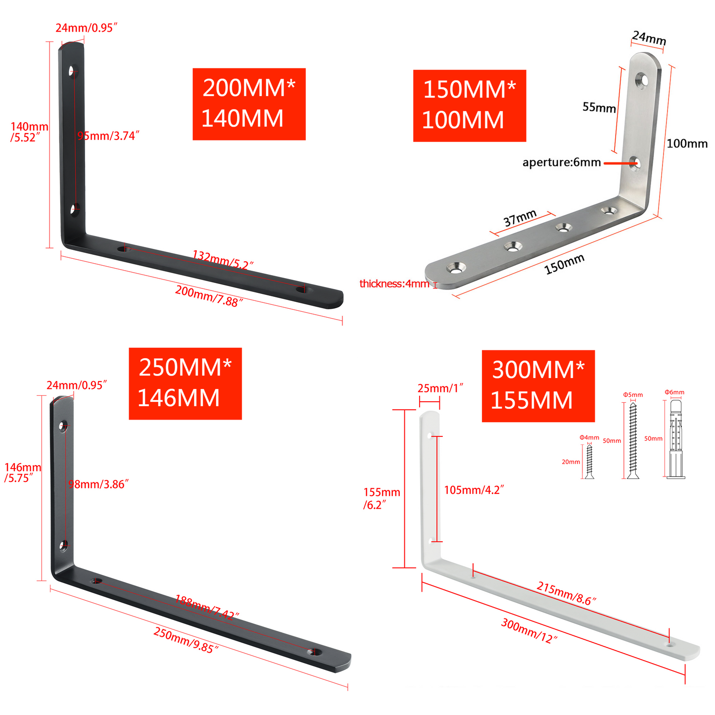 Sayayo L Shelf Bracket Corner Brace Angle Bracket Shelf Support Wall Hanging, Stainless Steel, 150MM-300MM, 2PCS/ 4PCS