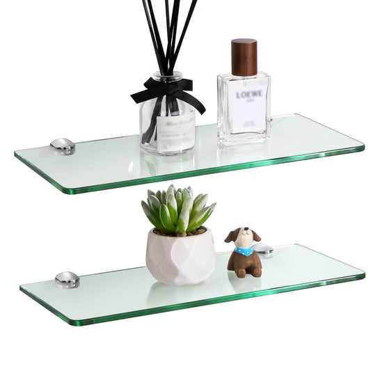 SAYAYO Glass Floating Shelves, Bathroom Shelf Wall Mounted with Chromed Shelf Brackets for Home Kitchen Bedroom Decor 30CM/12 Inch, 6MM Tempered Transparent Glass Shelf 1 PCS/ 2 PCS