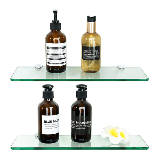 SAYAYO Glass Floating Shelves, 7MM Tempered Transparent Bathroom Shelf Wall Mounted with Chromed Shelf Brackets for Home Kitchen Bedroom Decor 38CM/15 Inch, 1 PCS/ 2 PCS