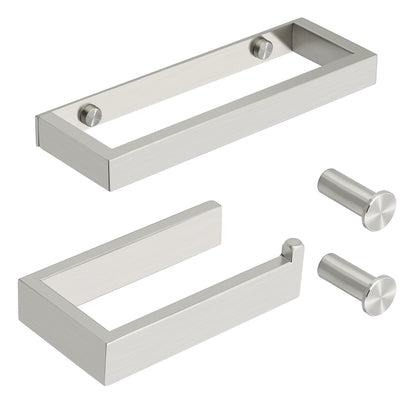 SAYAYO 4-Piece Black Bathroom Accessory Set 6 Inch/ 15 CM Toilet Roll Holder Wall Mounted, 8 Inch/ 12 Inch, 20CM/ 30CM Towel Rail Hand Towel Holder and 2Pcs Coat Hooks for Hanging, SUS304 Stainless Steel