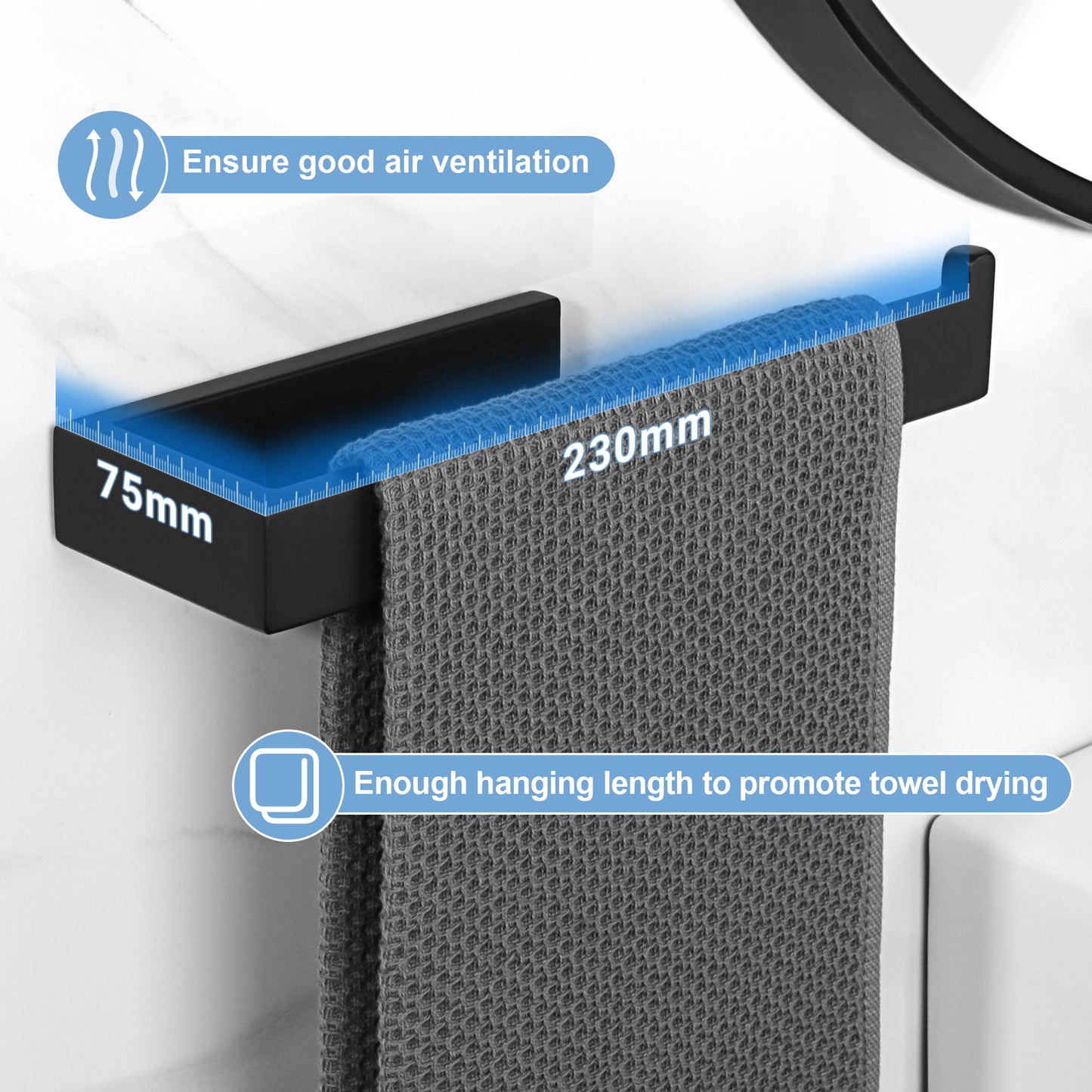 Sayayo Hand Towel Holder 24 CM/ 9.5 INCH Towel Rail Wall Mounted, SUS304 Stainless Steel Black Towel Ring for Bathroom Kitchen, with Drilling