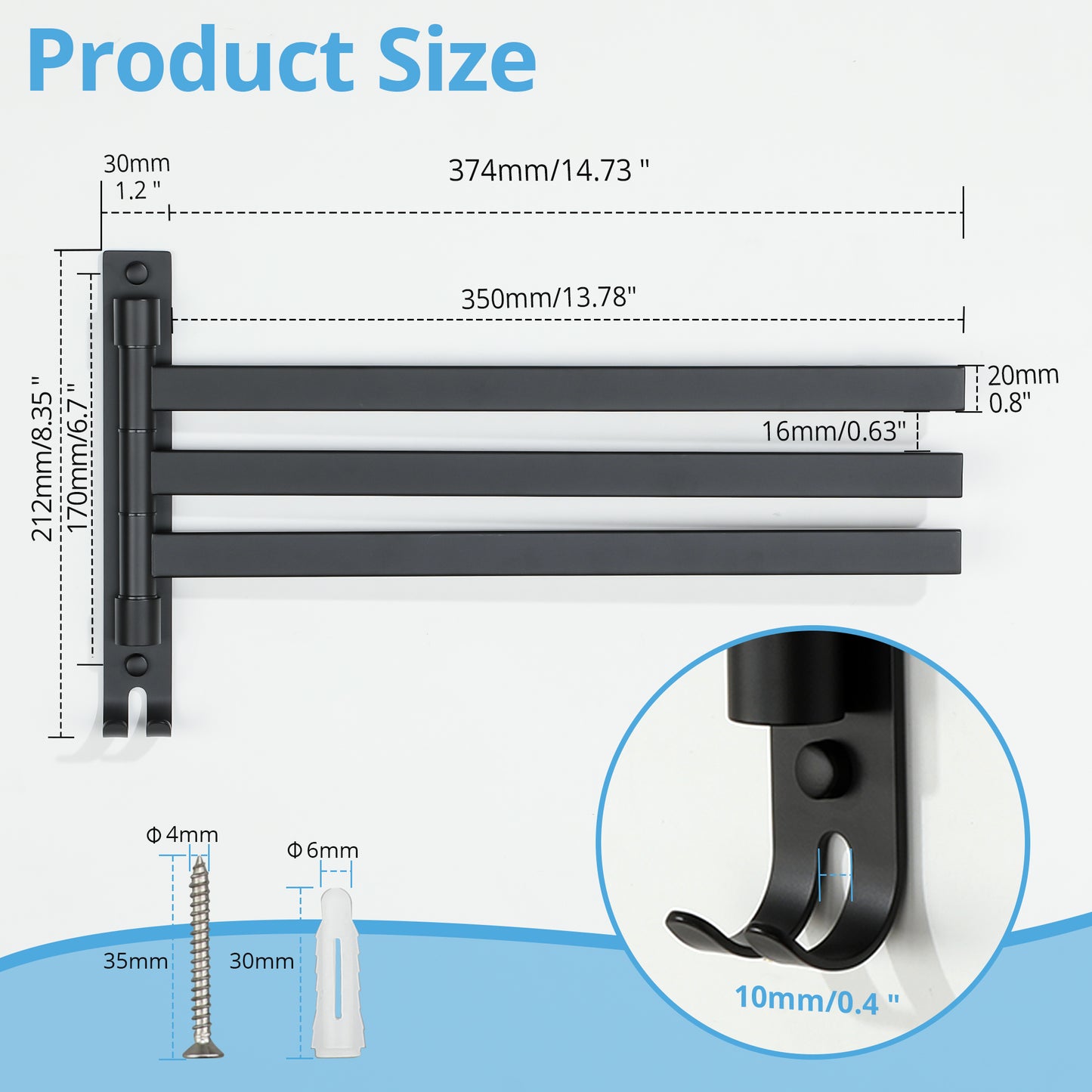 SAYAYO Black/ Brushed Bathroom Towel Rack, 180° Rotating, Bidet Towel Holder, 35CM Towel Rack, Stainless Steel 304 Towel Holder for Kitchen Bathroom, 2 Bars / 3 Bars / 4 Bars