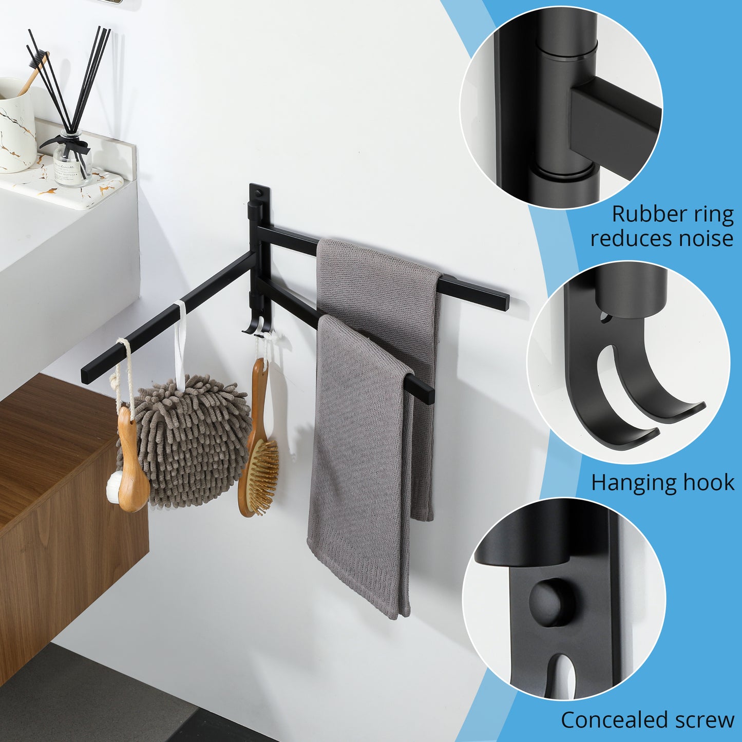 SAYAYO Black/ Brushed Bathroom Towel Rack, 180° Rotating, Bidet Towel Holder, 35CM Towel Rack, Stainless Steel 304 Towel Holder for Kitchen Bathroom, 2 Bars / 3 Bars / 4 Bars