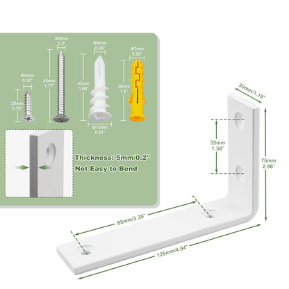 SAYAYO Shelf Brackets Heavy Duty 5MM Thick White Angle Brackets Metal L Brackets for Shelves, Wooden Shelf Brackets & Supports Wall Hanging Corner Brace, 125mm - 300mm, 2 Pack/ 4 Pack