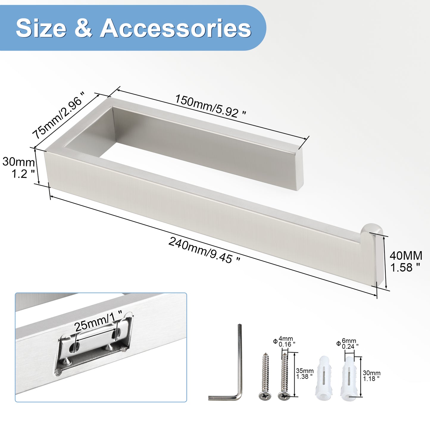 Sayayo Hand Towel Holder 24 CM/ 9.5 INCH Towel Rail Wall Mounted, SUS304 Stainless Steel Black Towel Ring for Bathroom Kitchen, with Drilling