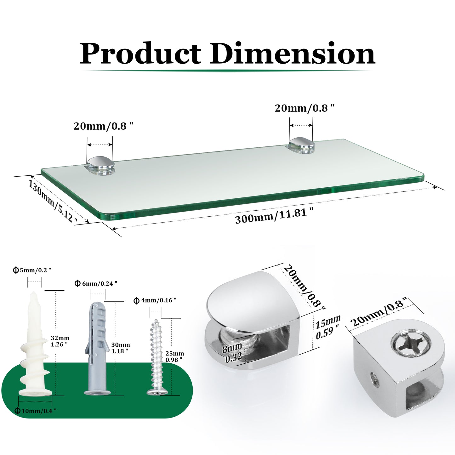 SAYAYO Glass Floating Shelves, Bathroom Shelf Wall Mounted with Chromed Shelf Brackets for Home Kitchen Bedroom Decor 30CM/12 Inch, 6MM Tempered Transparent Glass Shelf 1 PCS/ 2 PCS