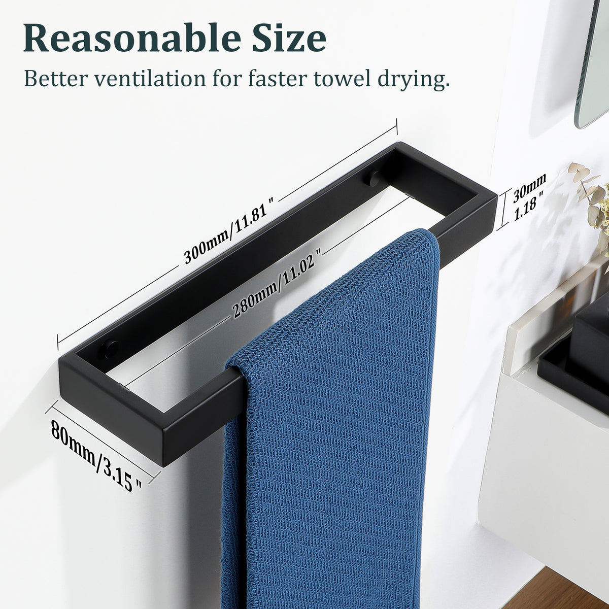 SAYAYO Hand Towel Holder Wall Mounted Black Towel Rail Self Adhesive or Screw Fixing Towel Ring for Bathroom Kitchen, SUS304 Stainless Steel Waterproof & Rustproof 20CM - 70CM