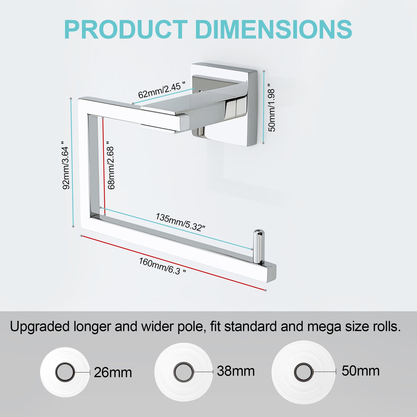 Sayayo Toilet Paper Roll Holder Wall Mounted, Towel Holder Hand Towel Ring, SUS304 Stainless Steel Waterproof & Rustproof, Modern Square Design, Chrome/ Black/ Brushed/ Gold