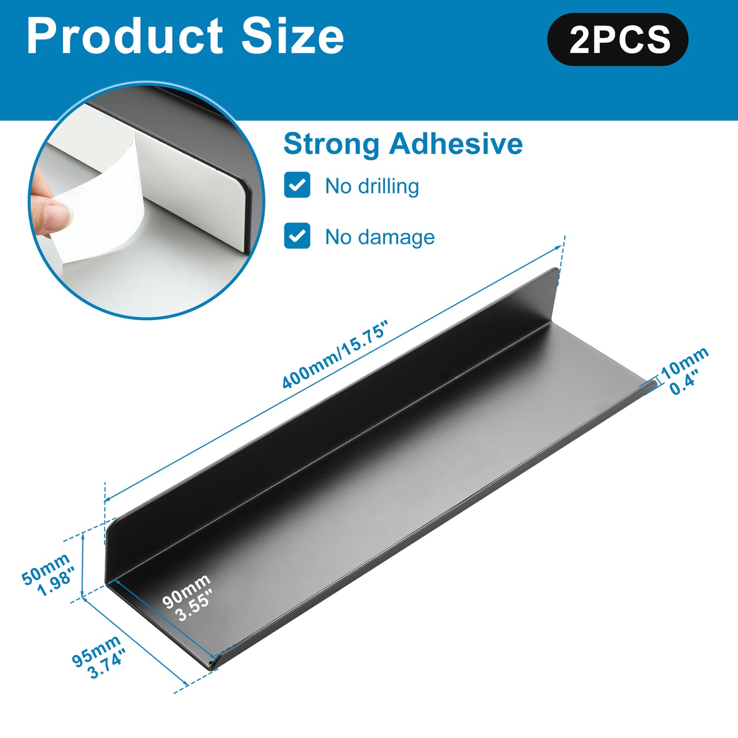 SAYAYO Floating Shelves Self Adhesive, Stick on Wall Display Storage Shelf for Bedroom, Bathroom, Kitchen, Living Room, Office, No Drilling, Set of 2, White/ Black, 20CM - 40CM