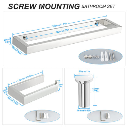 SAYAYO 4-Piece Black Bathroom Accessory Set 6 Inch/ 15 CM Toilet Roll Holder Wall Mounted, 8 Inch/ 12 Inch, 20CM/ 30CM Towel Rail Hand Towel Holder and 2Pcs Coat Hooks for Hanging, SUS304 Stainless Steel