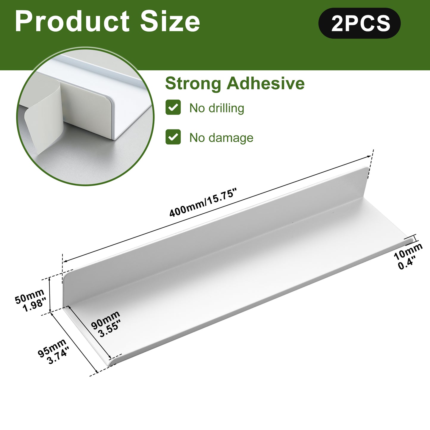 SAYAYO Floating Shelves Self Adhesive, Stick on Wall Display Storage Shelf for Bedroom, Bathroom, Kitchen, Living Room, Office, No Drilling, Set of 2, White/ Black, 20CM - 40CM