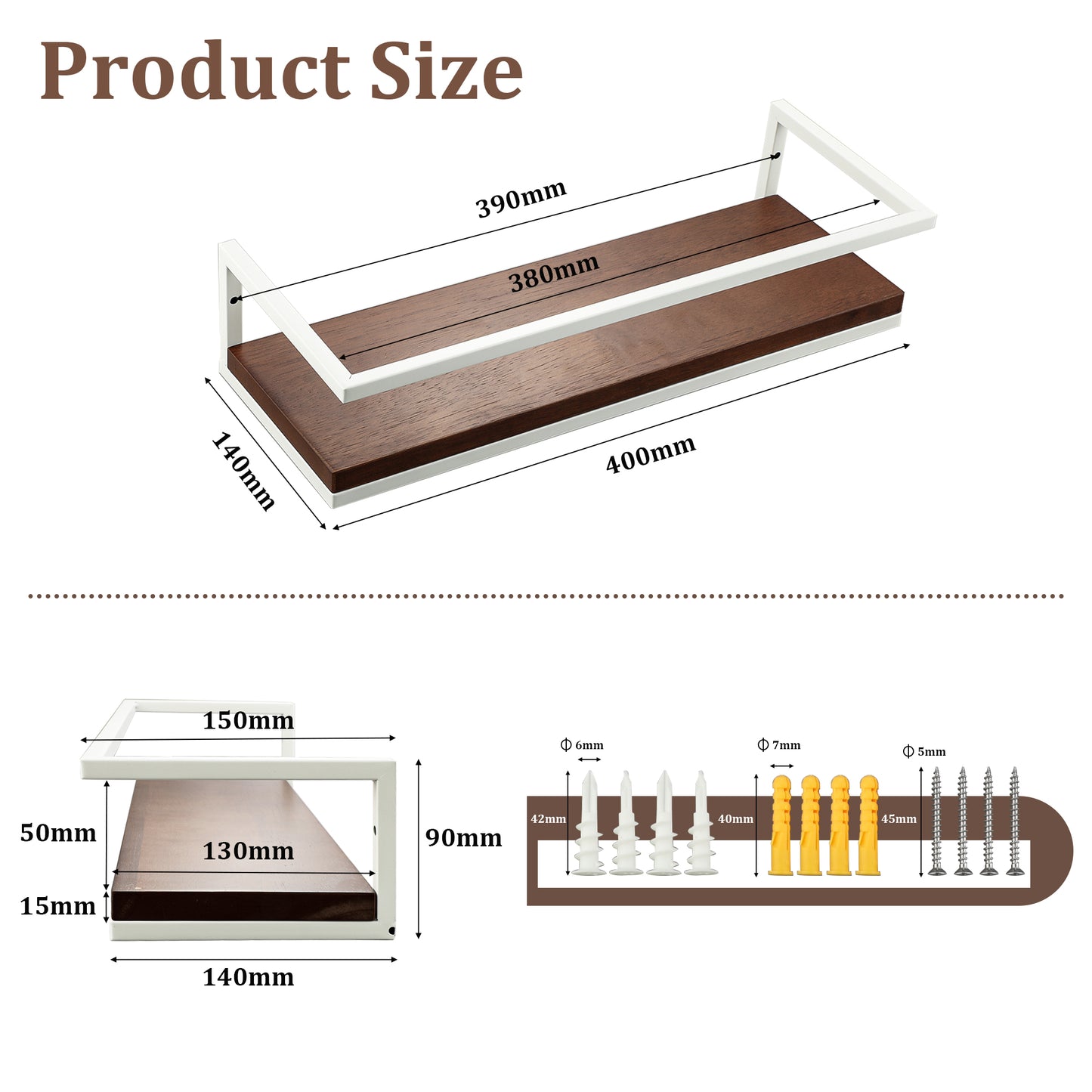 SAYAYO 40 CM Wooden Wall Shelves, Set of 2 Wooden Bathroom Shelves, Wall-Mounted Shelf for Books, Plants, Wall Shelves for Kitchen, Bathroom, Living Room, Study