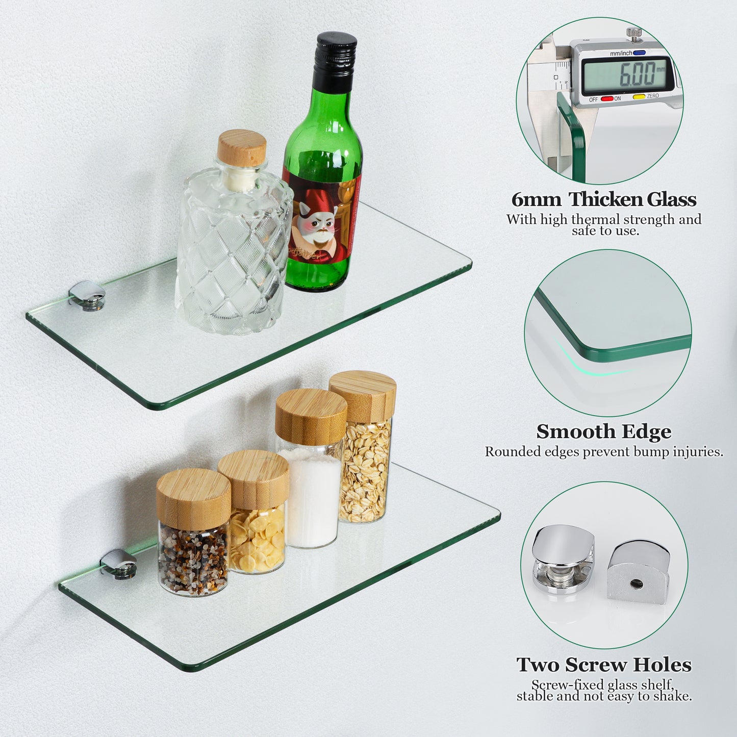 SAYAYO Glass Floating Shelves, Bathroom Shelf Wall Mounted with Chromed Shelf Brackets for Home Kitchen Bedroom Decor 30CM/12 Inch, 6MM Tempered Transparent Glass Shelf 1 PCS/ 2 PCS