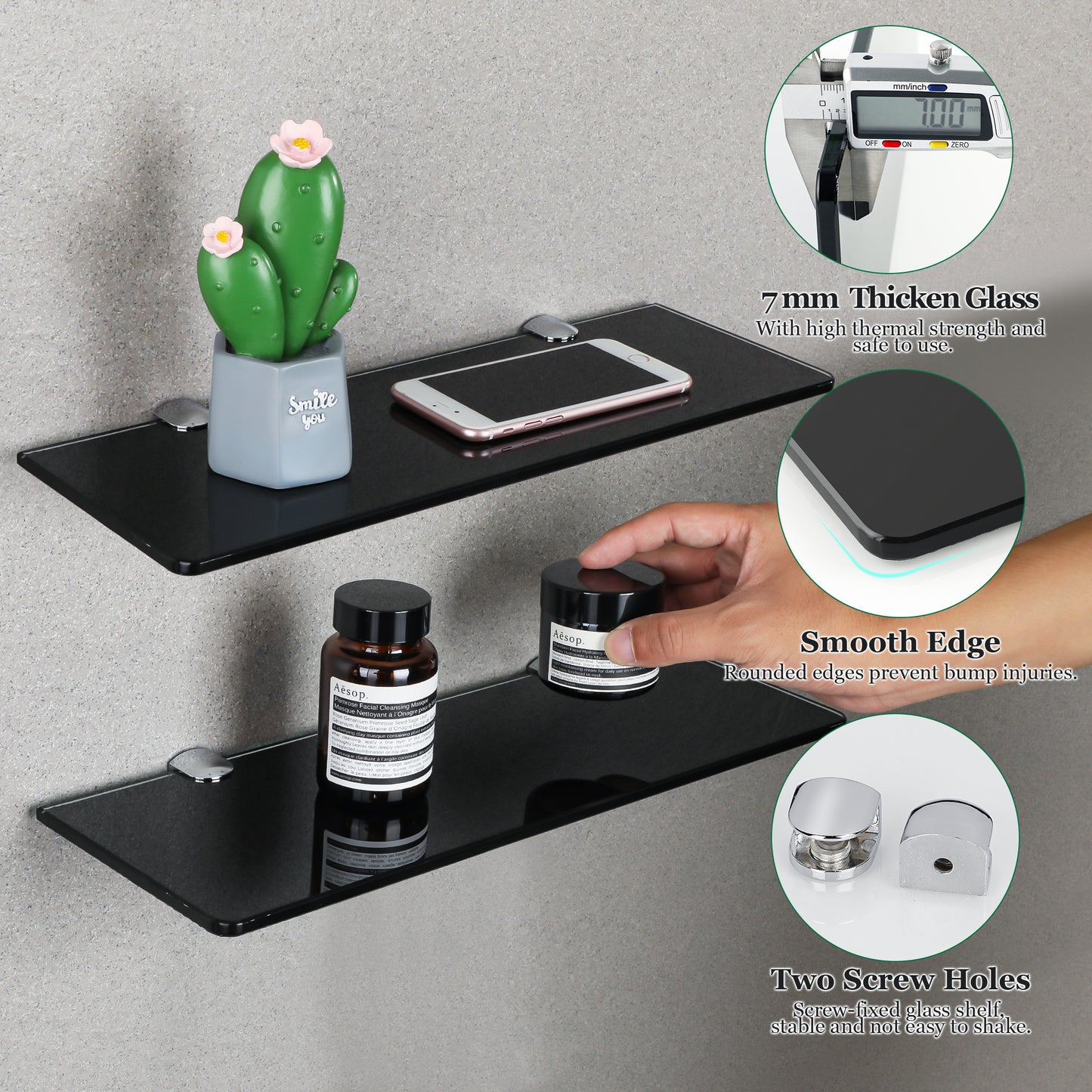 SAYAYO Glass Floating Shelves, 7MM Tempered Transparent Bathroom Shelf Wall Mounted with Chromed Shelf Brackets for Home Kitchen Bedroom Decor 38CM/15 Inch, 1 PCS/ 2 PCS