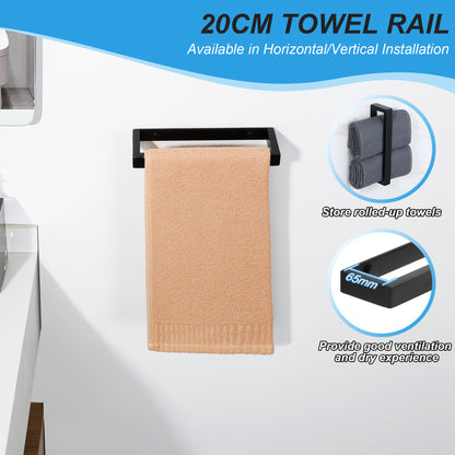 SAYAYO 4-Piece Black Bathroom Accessory Set 6 Inch/ 15 CM Toilet Roll Holder Wall Mounted, 8 Inch/ 12 Inch, 20CM/ 30CM Towel Rail Hand Towel Holder and 2Pcs Coat Hooks for Hanging, SUS304 Stainless Steel