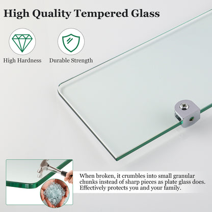SAYAYO Glass Floating Shelves, Bathroom Shelf Wall Mounted with Chromed Shelf Brackets for Home Kitchen Bedroom Decor 30CM/12 Inch, 6MM Tempered Transparent Glass Shelf 1 PCS/ 2 PCS