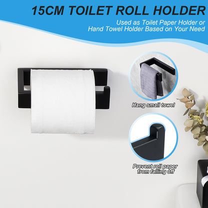 SAYAYO 4-Piece Black Bathroom Accessory Set 6 Inch/ 15 CM Toilet Roll Holder Wall Mounted, 8 Inch/ 12 Inch, 20CM/ 30CM Towel Rail Hand Towel Holder and 2Pcs Coat Hooks for Hanging, SUS304 Stainless Steel