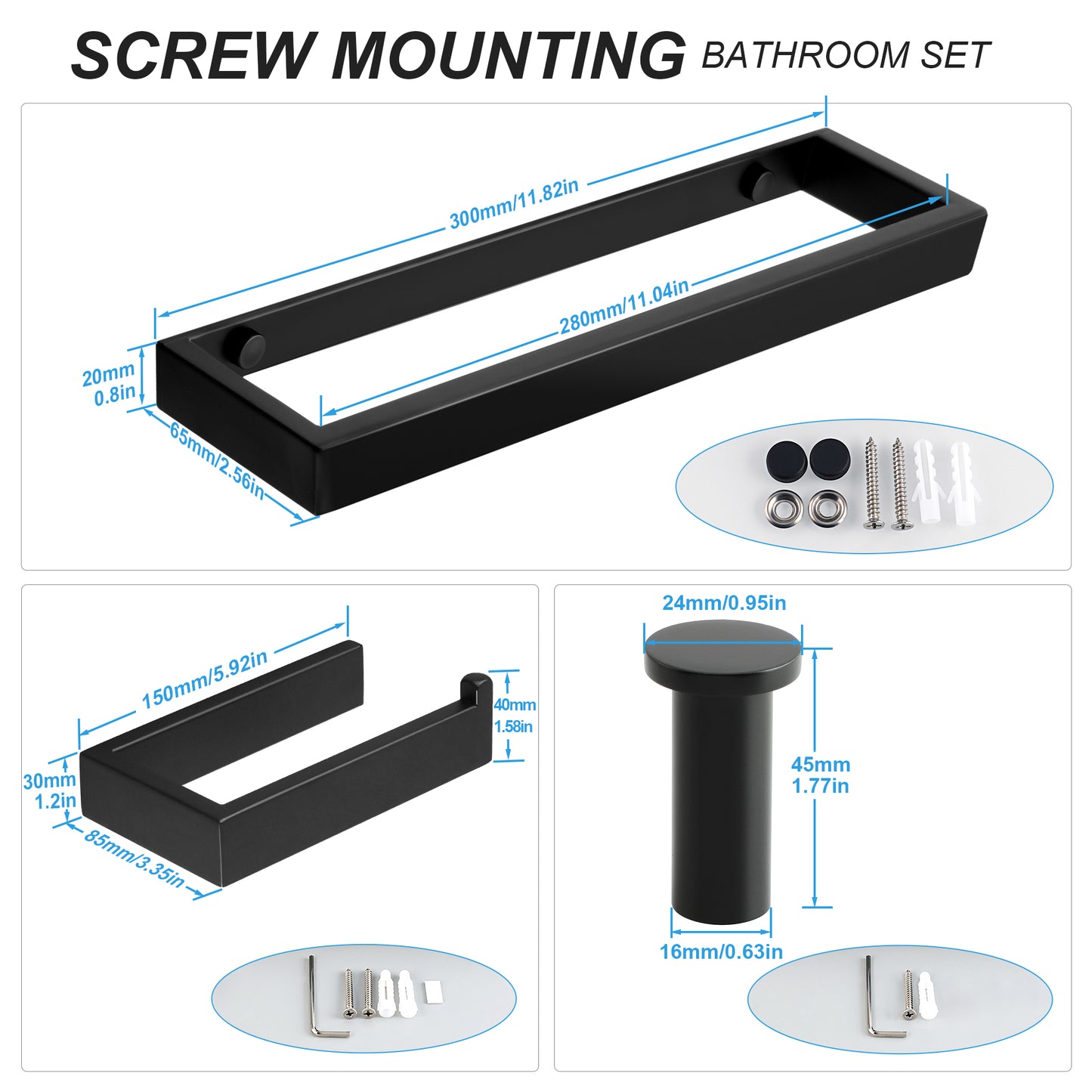 SAYAYO 4-Piece Black Bathroom Accessory Set 6 Inch/ 15 CM Toilet Roll Holder Wall Mounted, 8 Inch/ 12 Inch, 20CM/ 30CM Towel Rail Hand Towel Holder and 2Pcs Coat Hooks for Hanging, SUS304 Stainless Steel