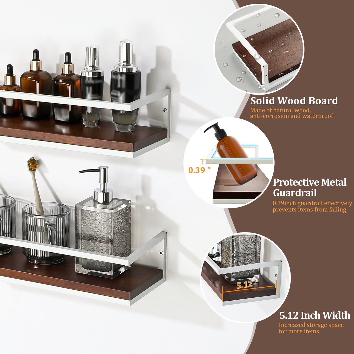 SAYAYO 40 CM Wooden Wall Shelves, Set of 2 Wooden Bathroom Shelves, Wall-Mounted Shelf for Books, Plants, Wall Shelves for Kitchen, Bathroom, Living Room, Study