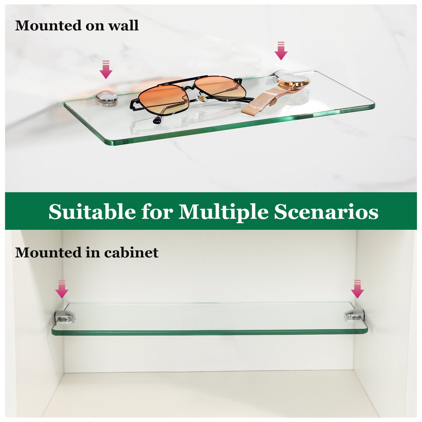 SAYAYO Glass Floating Shelves Set of 2, 6MM Tempered Transparent Bathroom Shelf Wall Mounted with Chromed Shelf Brackets for Home Kitchen Bedroom Decor 30CM/12 Inch