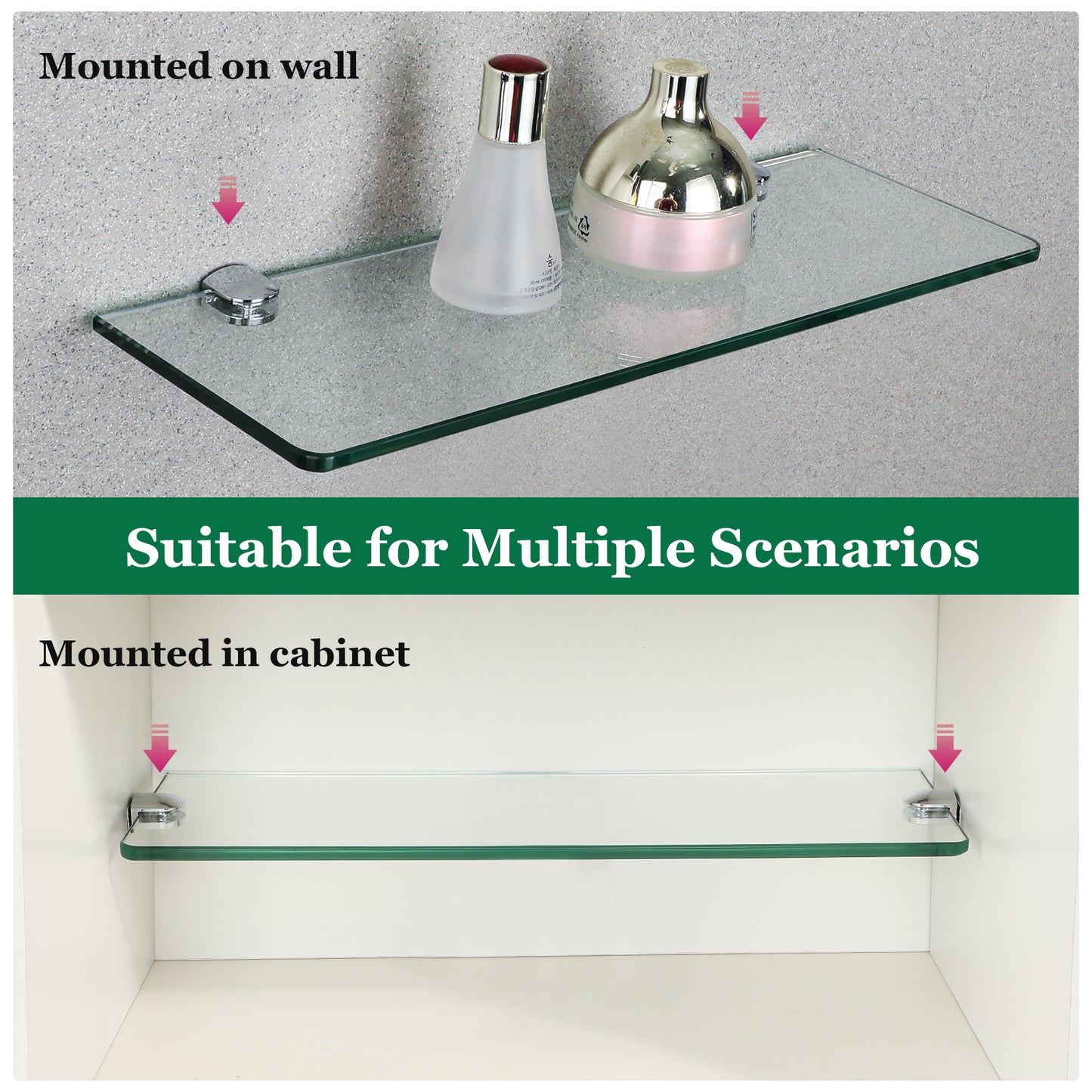 SAYAYO Glass Floating Shelves Set of 2, 7MM Tempered Transparent Bathroom Shelf Wall Mounted with Chromed Shelf Brackets for Home Kitchen Bedroom Decor 38CM/15 Inch