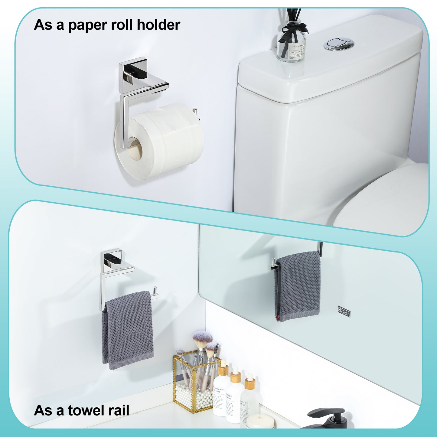 Sayayo Toilet Paper Roll Holder Wall Mounted, Towel Holder Hand Towel Ring, SUS304 Stainless Steel Waterproof & Rustproof, Modern Square Design, Chrome/ Black/ Brushed/ Gold