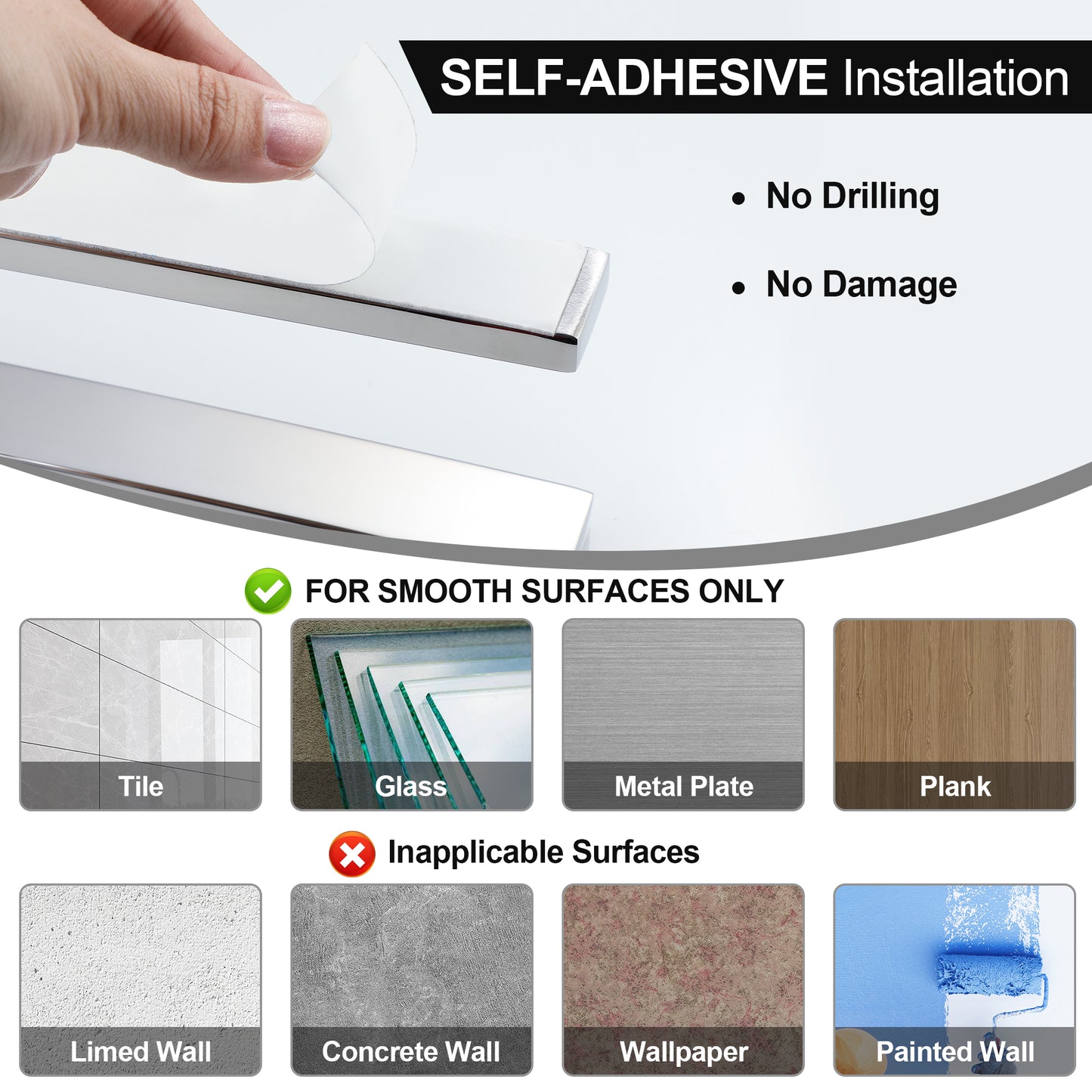 SAYAYO Hand Towel Holder Self Adhesive Towel Rail Towel Rack Stainless Steel Towel Ring No Drilling for Bathroom, 20cm - 40cm, 8 Inch - 16 Inch, Black, Brushed, Polished