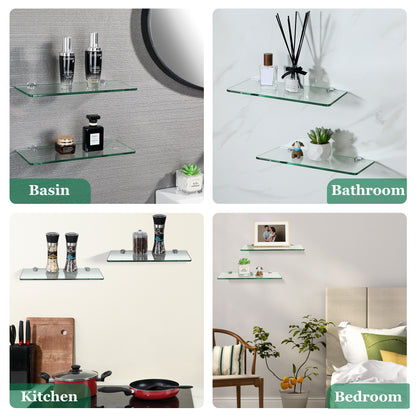 SAYAYO Glass Floating Shelves, Bathroom Shelf Wall Mounted with Chromed Shelf Brackets for Home Kitchen Bedroom Decor 30CM/12 Inch, 6MM Tempered Transparent Glass Shelf 1 PCS/ 2 PCS