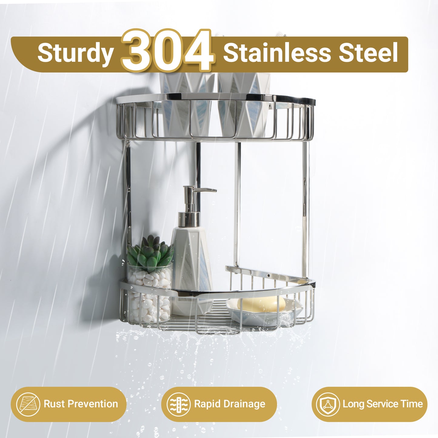 SAYAYO Corner Shower Caddy Basket, SUS304 Stainless Steel Corner Bathroom Shelf, 2-Tier Polished Shower Organiser
