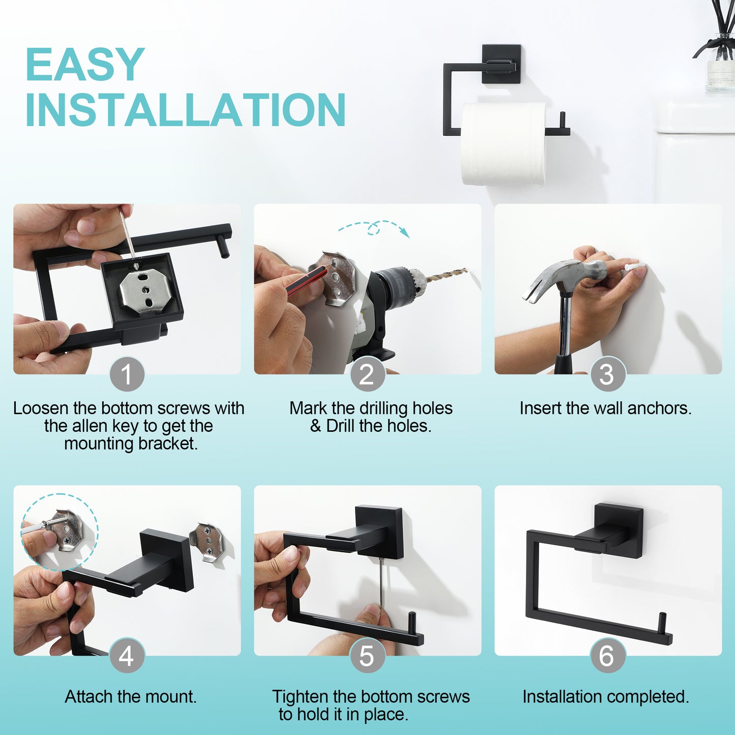 Sayayo Toilet Paper Roll Holder Wall Mounted, Towel Holder Hand Towel Ring, SUS304 Stainless Steel Waterproof & Rustproof, Modern Square Design, Chrome/ Black/ Brushed/ Gold