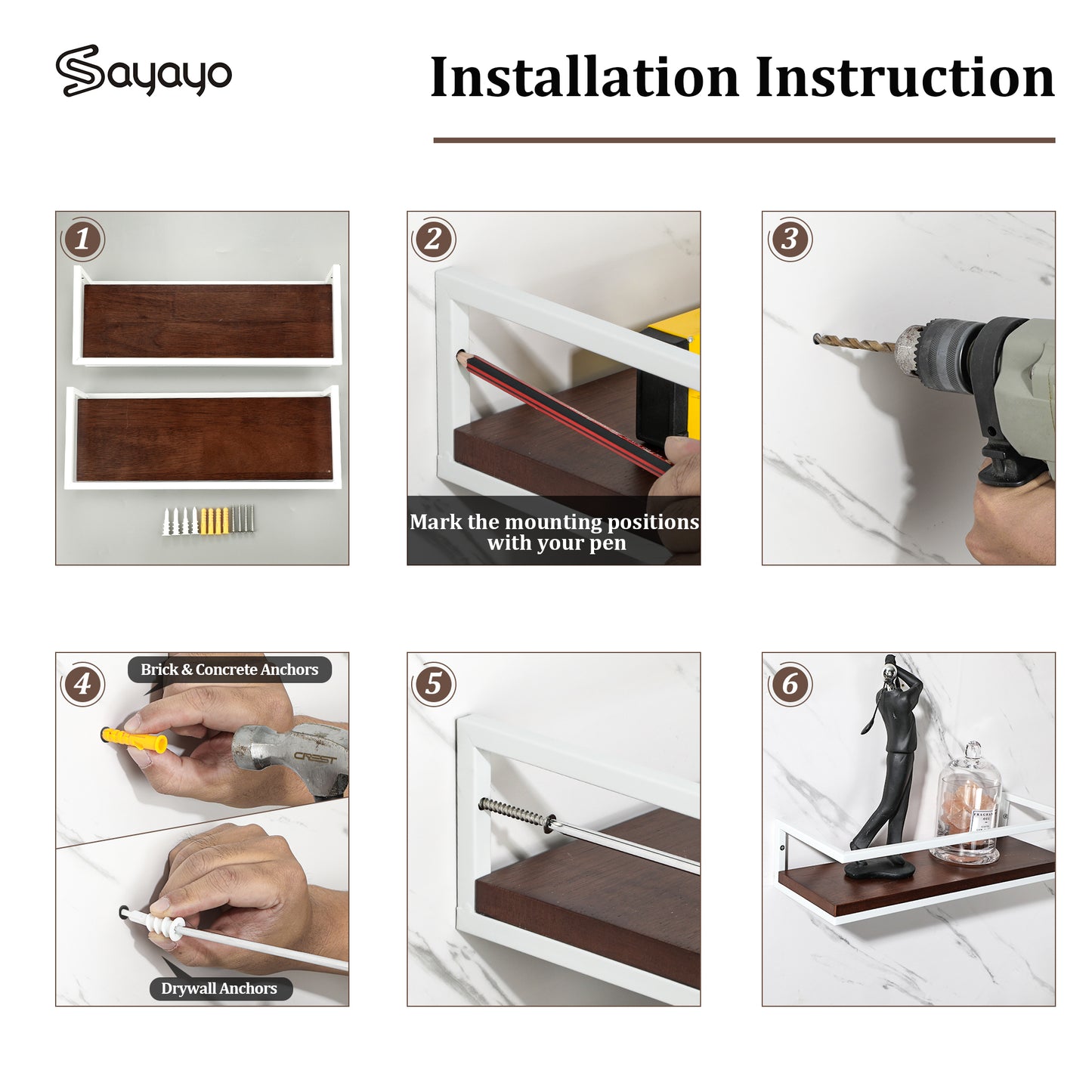 SAYAYO 40 CM Wooden Wall Shelves, Set of 2 Wooden Bathroom Shelves, Wall-Mounted Shelf for Books, Plants, Wall Shelves for Kitchen, Bathroom, Living Room, Study