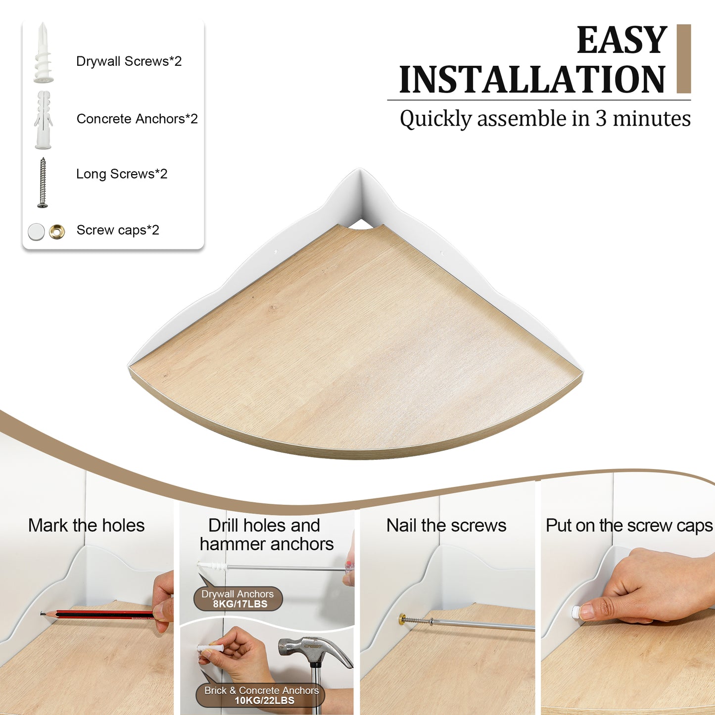 SAYAYO 28 CM Wooden Corner Wall Shelves, Wooden Corner Shelf, Wall-Mounted Shelf for Books, Plants, Kitchen, Bathroom, Living Room, Study