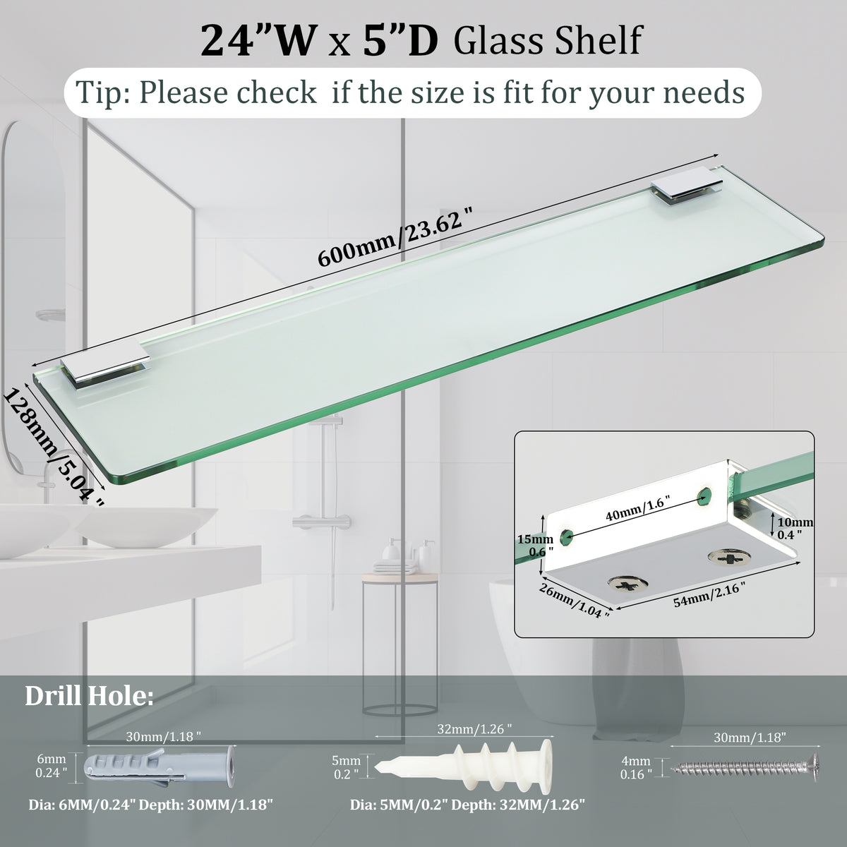 SAYAYO Bathroom Glass Shelf Wall Mounted 7MM/ 8MM Tempered Transparent Glass with Chromed Stainless Steel Shelf Brackets Supports 38CM/ 60CM Length