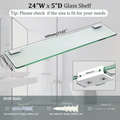SAYAYO Bathroom Glass Shelf Wall Mounted 7MM/ 8MM Tempered Transparent Glass with Chromed Stainless Steel Shelf Brackets Supports 38CM/ 60CM Length