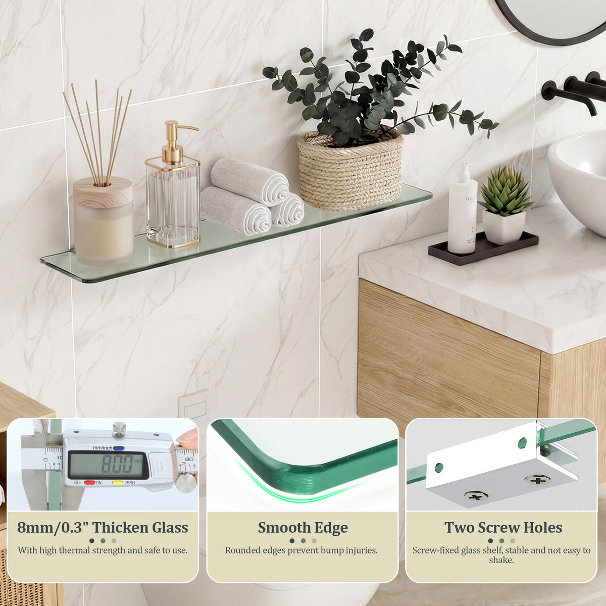 SAYAYO Bathroom Glass Shelf Wall Mounted 7MM/ 8MM Tempered Transparent Glass with Chromed Stainless Steel Shelf Brackets Supports 38CM/ 60CM Length