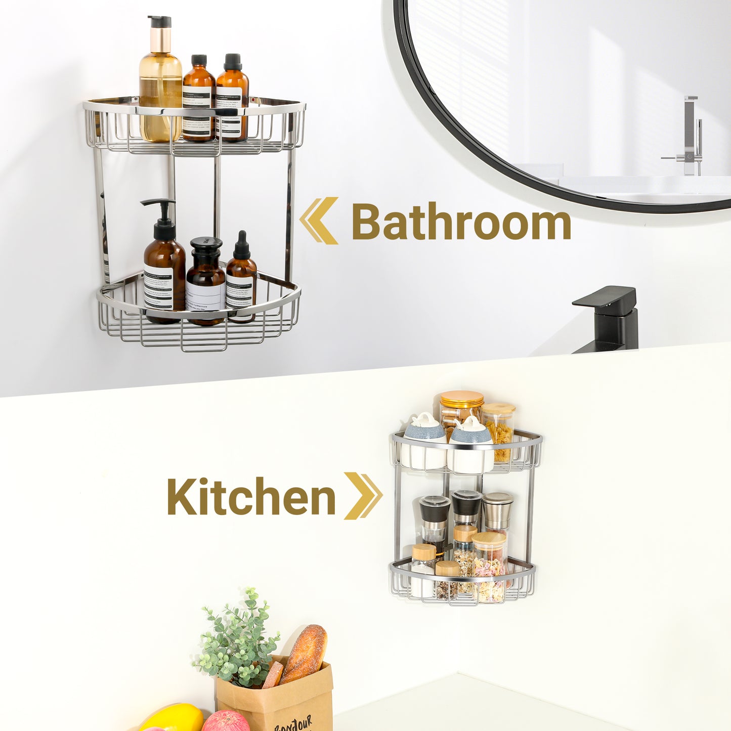 SAYAYO Corner Shower Caddy Basket, SUS304 Stainless Steel Corner Bathroom Shelf, 2-Tier Polished Shower Organiser