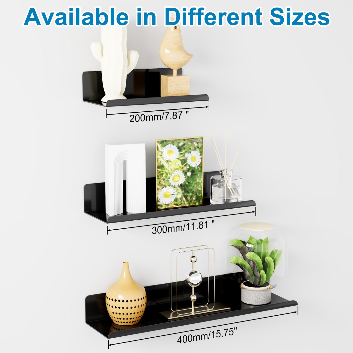 SAYAYO Floating Shelves Self Adhesive, Stick on Wall Display Storage Shelf for Bedroom, Bathroom, Kitchen, Living Room, Office, No Drilling, Set of 2, White/ Black, 20CM - 40CM